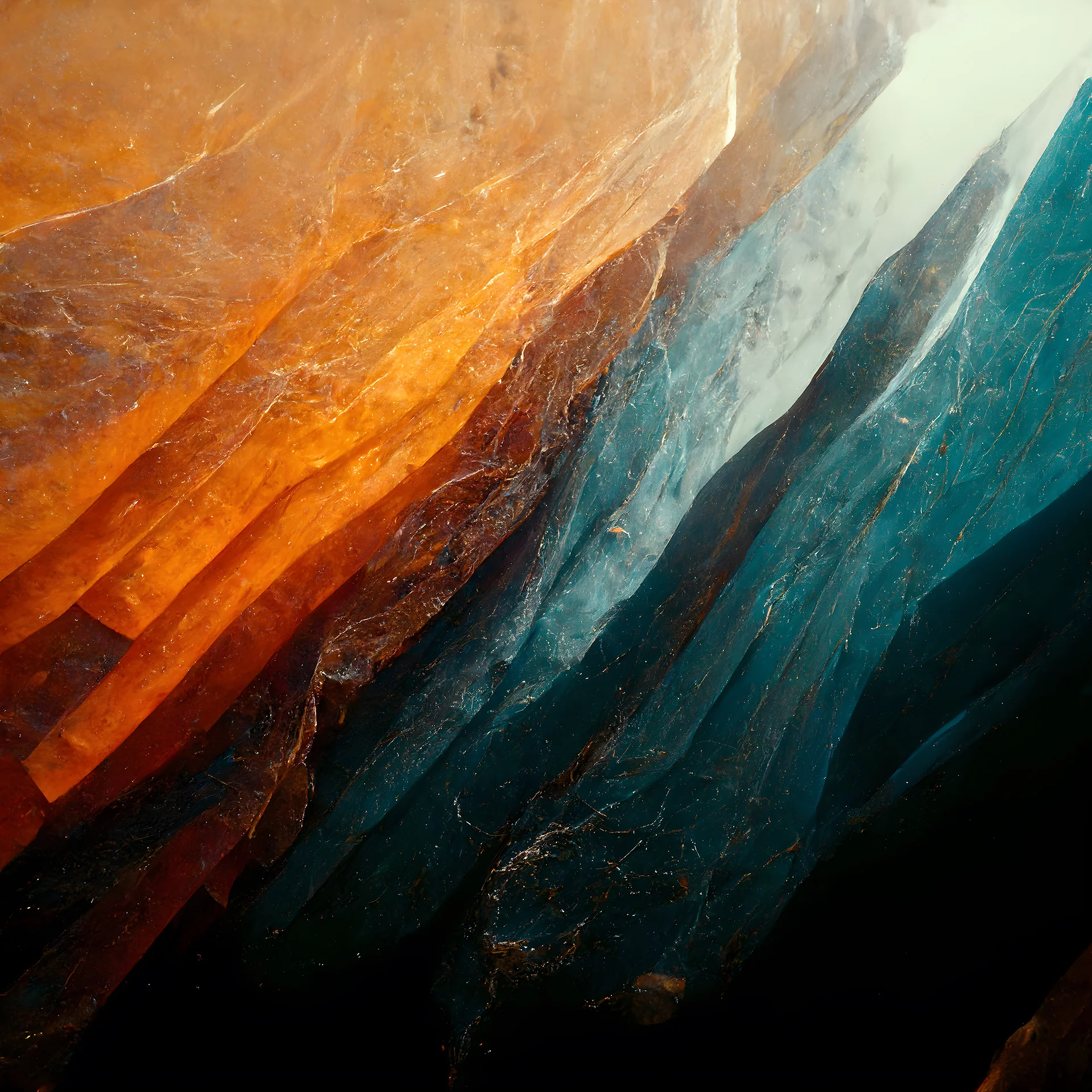 Abstract image of layered orange and teal rock formations with light effects.