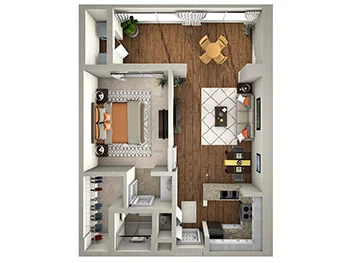 The Egret one bedroom, one bathroom floor plan rendering for Village on the Green