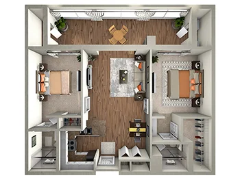 The Heron two-bedroom, two bathroom floor plan rendering for Village on the Green