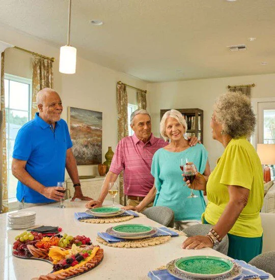 Four people happily chatting and holding drinks in a kitchen with a fruit platter.