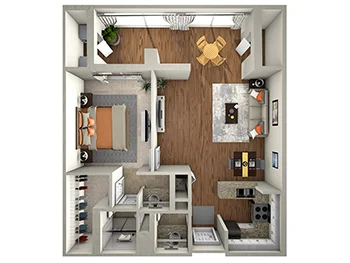 The Curlew one bedroom, one bathroom floor plan rendering for Village on the Green