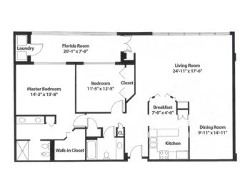 Floor plan with two bedrooms, kitchen, living, dining, breakfast, Florida room, and laundry.