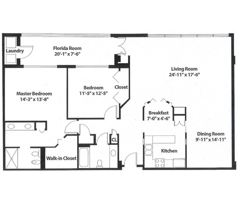 Floor plan with two bedrooms, kitchen, living, dining, breakfast, Florida room, and laundry.