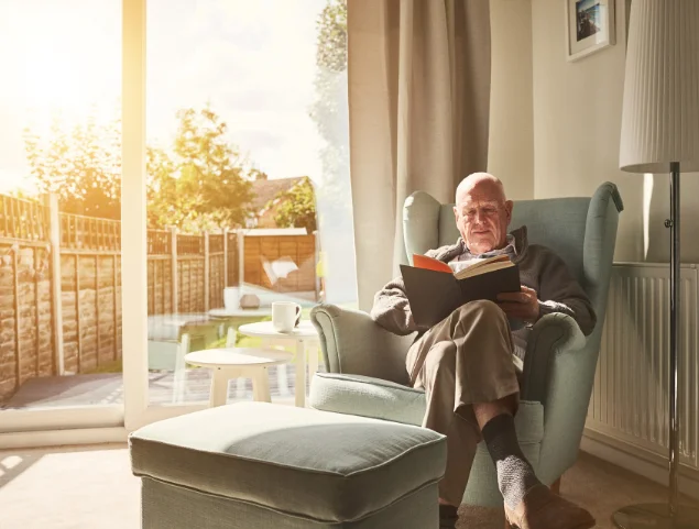 Elderly man reading in an armchair by a sunny window.