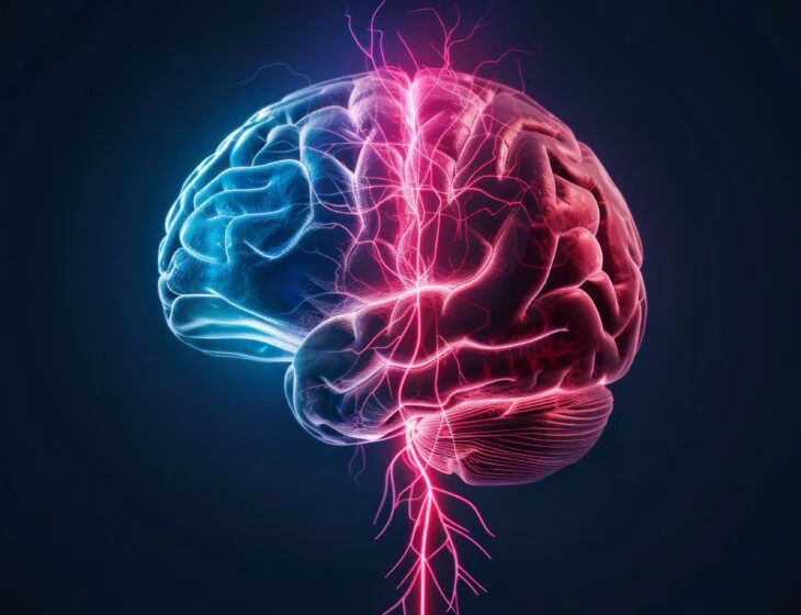 Surreal digital art of a human brain with neural pathways illuminated by neon circuits, symbolizing the fusion of mind and technology, flat design illustration
