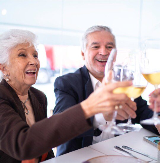 group of senior friends toast wine glasses at an elegant dinner event