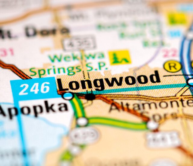 close-up of the city of Longwood, Florida on a map