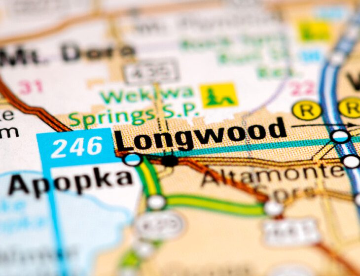 close-up of the city of Longwood, Florida on a map