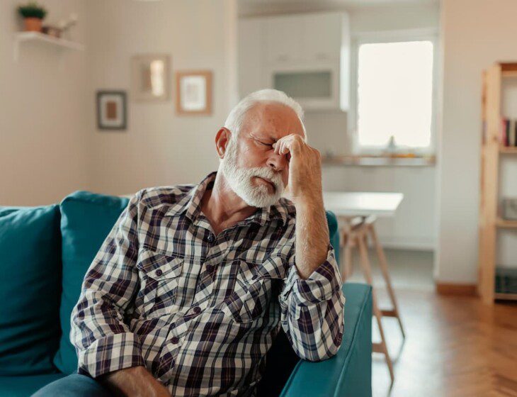 senior man sitting on teal couch pinches the bridge of his nose with his finger and thumb, distressed