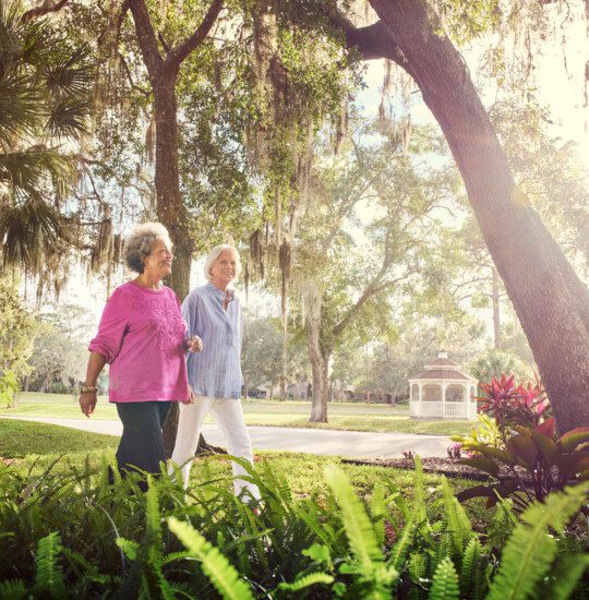 two senior women walk together along a scenic path lined with palm trees and foliage at Village on the Green Senior Living Community