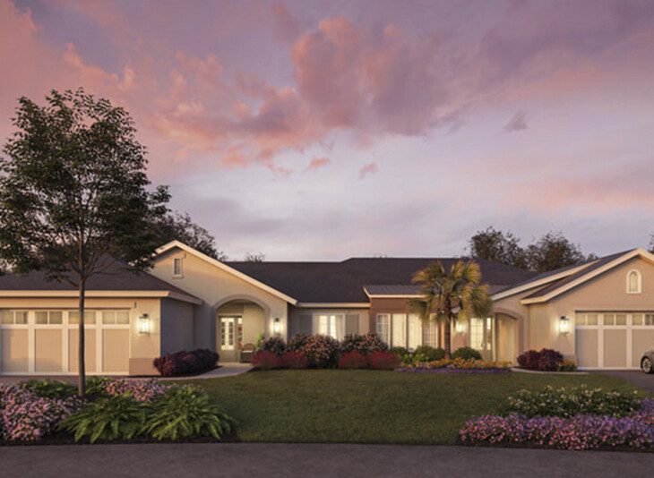 New villa home during sunset at Village on the Green Senior Living Community