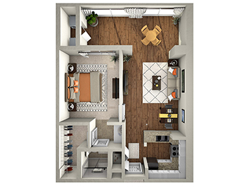 "The Egret" one bedroom, one bathroom floor plan rendering for Village on the Green