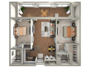 "The Heron" two-bedroom, two bathroom floor plan rendering for Village on the Green