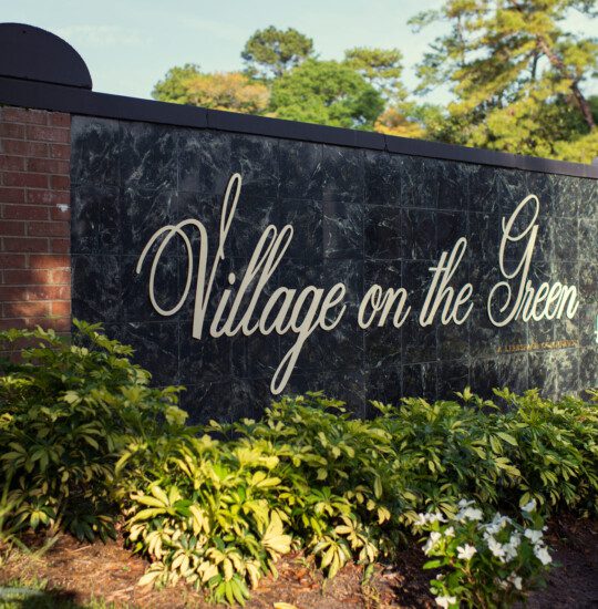 Village on the Green entrance sign, surrounded by tropical foliage