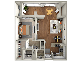 "The Curlew" one bedroom, one bathroom floor plan rendering for Village on the Green